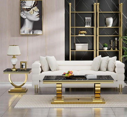 1 Piece Living Room Coffee Table Luxury Faux Marble Center Table, Modern Black Gold Coffee Table with Double O Shape Stainless Steel Pedestal Base,1 Table Only
