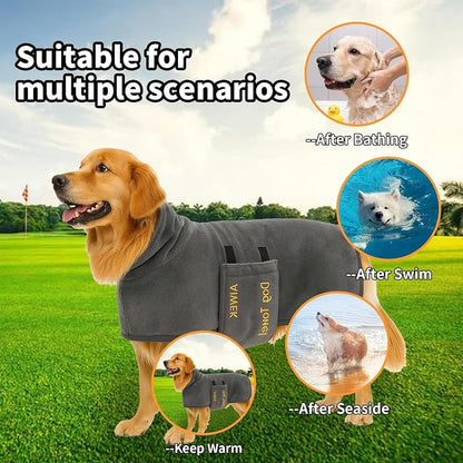Dog Towel Dog Bathrobe, Microfiber Super Absorbent Pet, Quick Drying Robe for After Bath, Adjustable Collar & Belly Strap Pet Cat Bath Robe Towel Grey-2XL