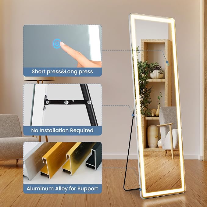 OLIXIS 16"x 60" LED Full Length Mirror with Lights, Standing Lighted Floor Full Body Mirror with 3 Color Lighting, Wall Mounted Mirrors for Bedroom, Bathroom, Entryway with Tempered Glass