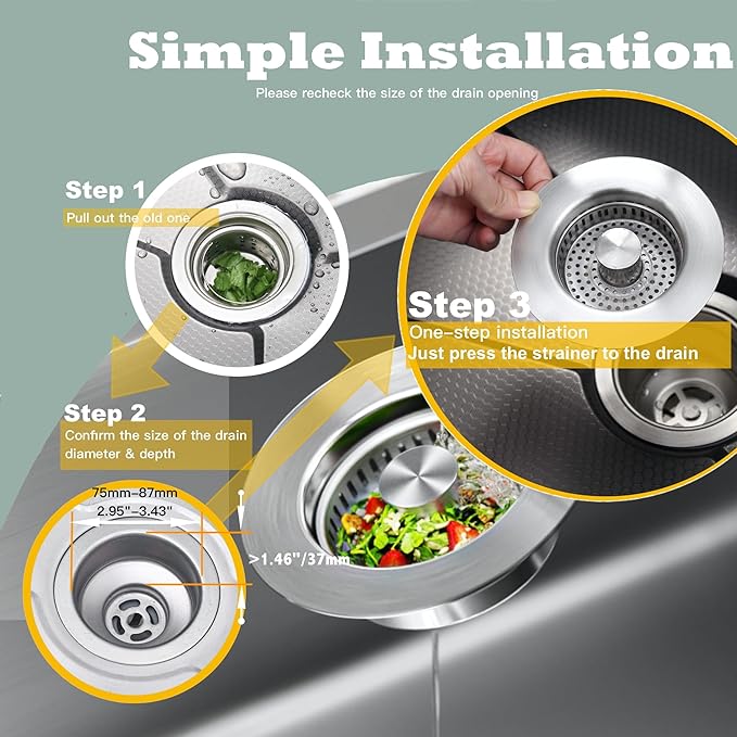 Kitchen Sink Drain Strainer 3 in 1, 304 Stainless Steel Pop Up Sink Stopper