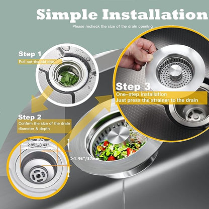 Kitchen Sink Drain Strainer 3 in 1, 304 Stainless Steel Pop Up Sink Stopper