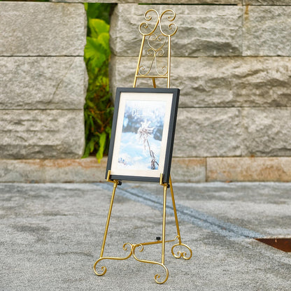 Metal Large Free Standing Adjustable Display Stand Scroll Easel with Chain Support, Gold Easel Stand for Sign, Heavy Duty Easel for Mirror, Wedding, Picture Frame (No Installation Required)