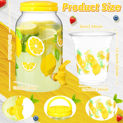 Umigy Lemonade Stand Supplies, 1 Gallon Plastic Drink Dispenser with Spigot, 100 Pcs 16 oz Lemon Disposable Plastic Cups with Lids and Straws, for Party Beverage Juice Ice Tea Beer(Lemon,Yellow)