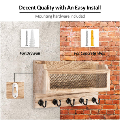 Nekon Mail and Key Holder for Wall Decorative, 11 Inch Wooden Wall Key Organizer with 5 Key Hooks, Wall Mount Storage Shelf for Entryway Hallway (Wood)