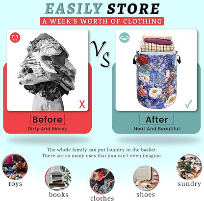 Blue Flowers Laundry Basket Glass Colorful Floral Foldable Funny Laundry Hamper
