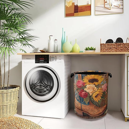 Cowboy Boots Laundry Basket, Wooden Sunflowers Foldable Oxford Cloth Tote Bag