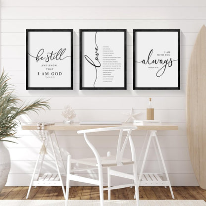 Heiple Framed Be Still and Know that I am God Sign Love is Patient Love is Kind Wall Art Set of 3 Prints for Home Bedroom Decor Above Bed Bible Verse Scripture Art Christian Religious Wall Decor (Black, 16"x24")
