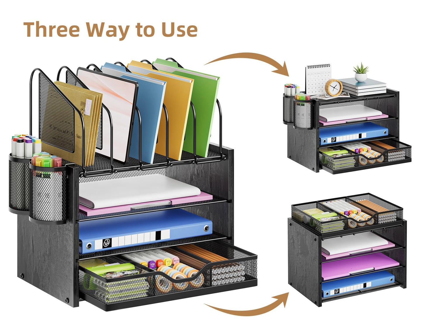 Marbrasse Desk organizer with Drawer, 4-Tier Wooden File Organizer with 5 Vertical File Holders and 2 Pen Holders, Desk Organizers and Accessories for Home Office - Black