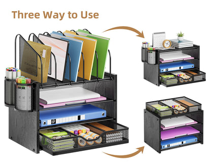 Marbrasse Desk organizer with Drawer, 4-Tier Wooden File Organizer with 5 Vertical File Holders and 2 Pen Holders, Desk Organizers and Accessories for Home Office - Black