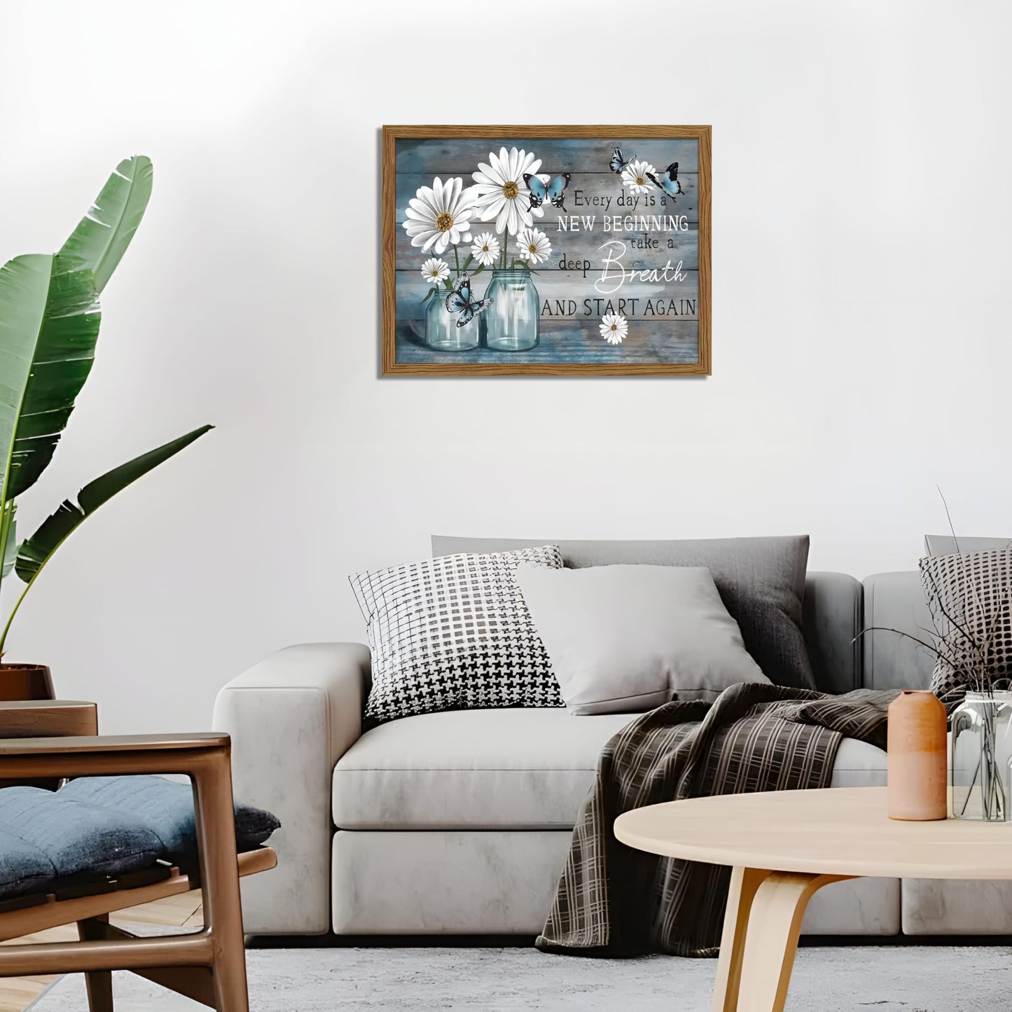 Wood Framed Daisy Butterfly Wall Art, Blue Rustic Farmhouse Canvas Wall Decor Paintings, Inspirational Flower Still Life Posters Prints Pictures for Bathroom Bedroom Home Decor 12x16 Inch