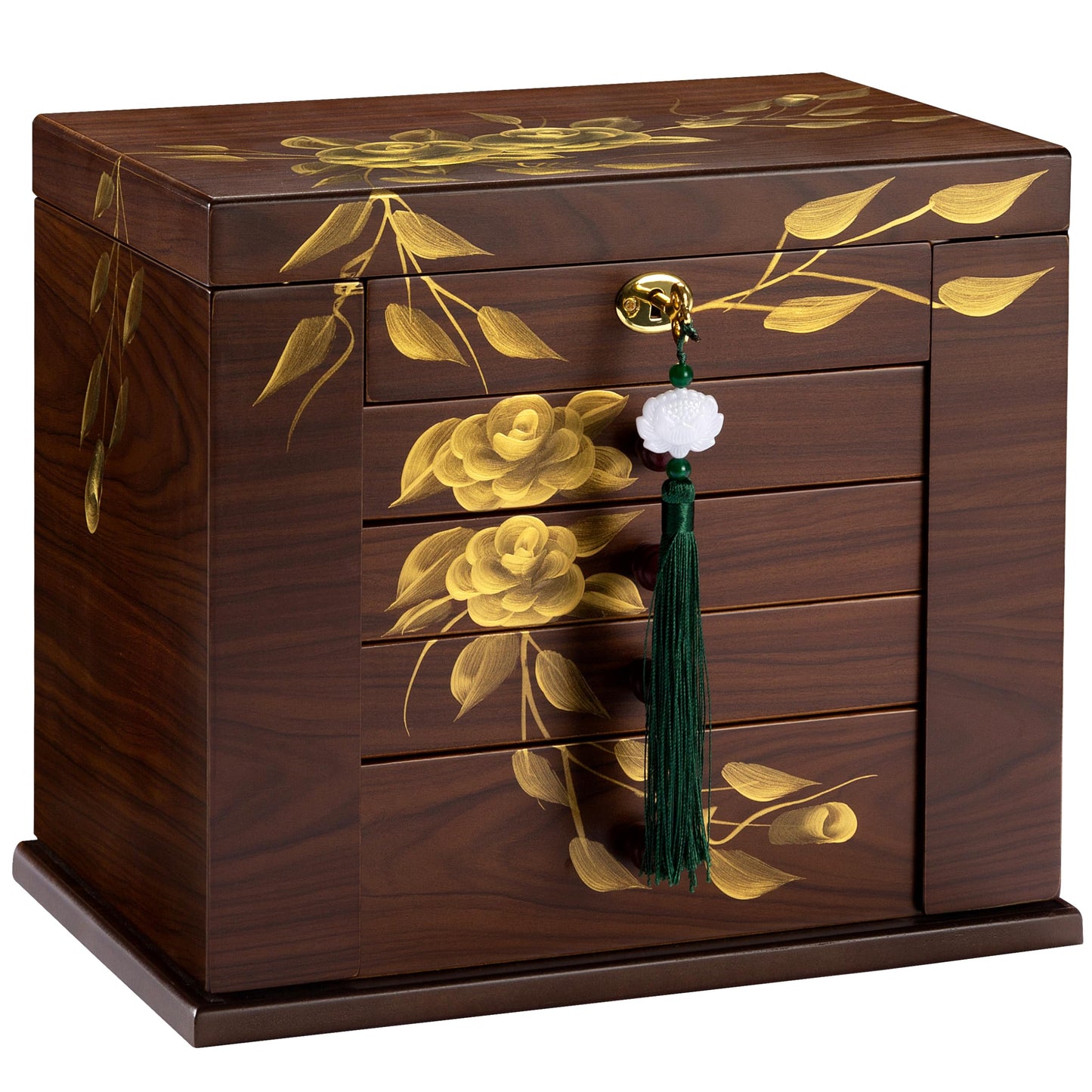 Xloverise Wooden Jewelry Box for Women, 5-Layer Large Wood Jewelry Boxes & Organizer with Drawers for Rings Necklaces,Hand-painted rose flowers jewelry case organizer,jewelry safe