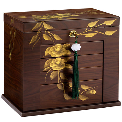 Xloverise Wooden Jewelry Box for Women, 5-Layer Large Wood Jewelry Boxes & Organizer with Drawers for Rings Necklaces,Hand-painted rose flowers jewelry case organizer,jewelry safe