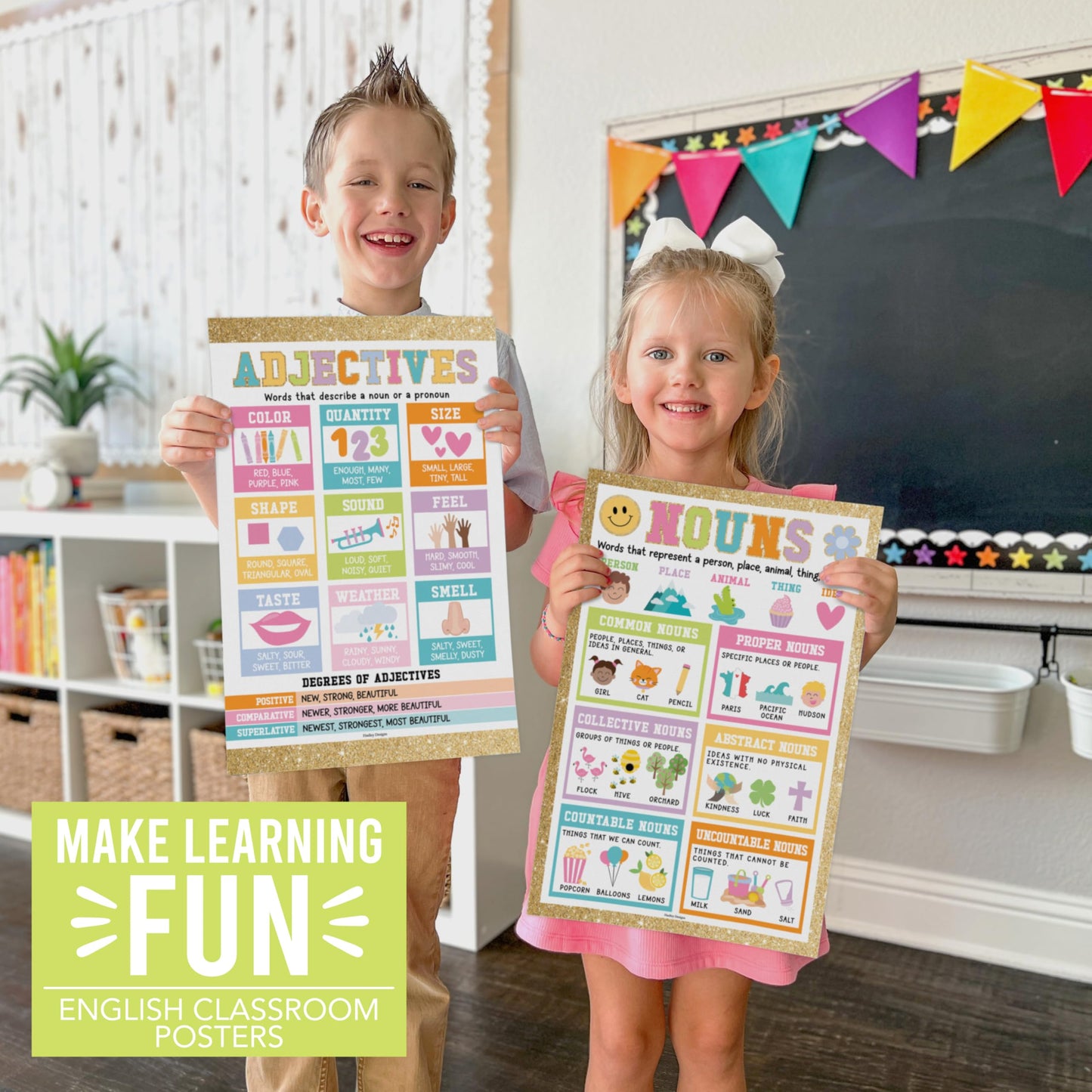 Parts of Speech Posters for Classroom Must Haves -12 Grammar Posters, Writing Process for Homeschool, Elementary & Middle School, ELA 3rd 4th & 5th Grade Teacher Must Haves, Gold Classroom Decor
