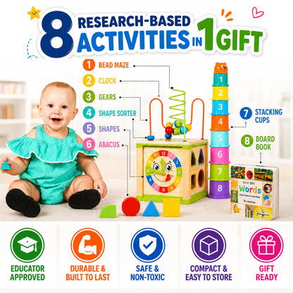 Wooden Activity Cube for 1 Year Old - 1 Year Old Boy Gifts - 1 Year Old Boy Toys - Educational Toys for 1 Year Old - Busy Cube with Bead Maze Toy - Baby Stacking Cups & Board Book - Blue Gift Box