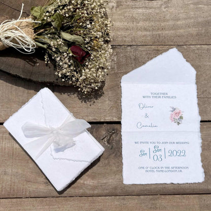 Wanderings Handmade White Deckle Edge All-in-One Card Envelopes - 4" x 6" - Package of 25 - for Announcements Wedding Invitations Greeting Cards Crafts - 150 GSM