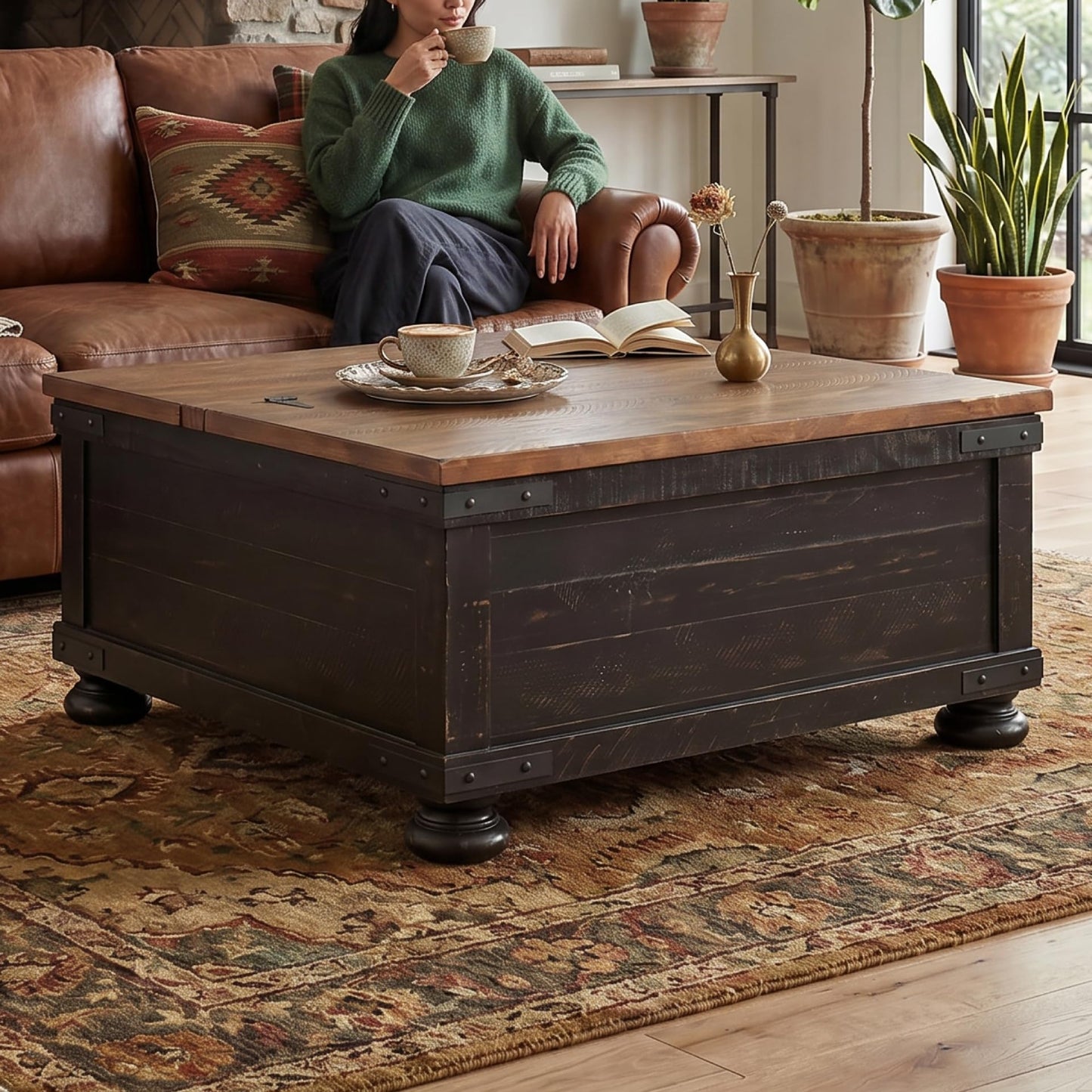 Signature Design by Ashley Valebeck Lift Top Coffee Table, Storage, Split-top Design, Wood, 36" W x 36" D x 18" H, 2-tone Distressed Brown & Black Finish