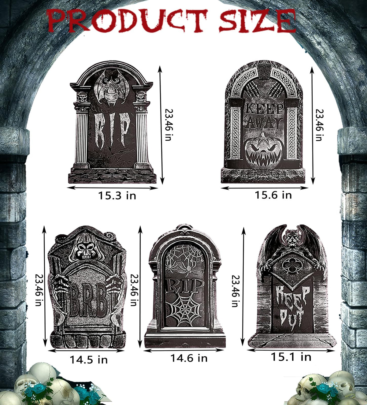 23.62in Halloween Tombstones Yard Sign, 5 PCS Large Tombstones Gravestone DIY Halloween Decor RIP Lawn Signs with Stakes, Outdoor Yard Decoration
