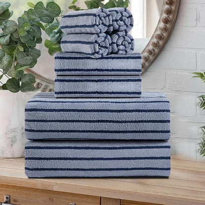 8 Pcs Navy Cabana Stripe Large Bath Towel Set Oversized Bath Sheet 2 Bathroom