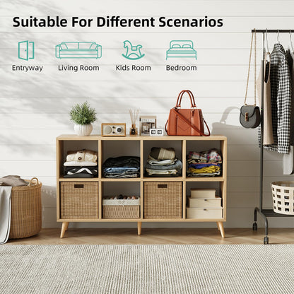 8 Cube Storage Organizer, Mid-Century Modern Wooden Bookcase with 5 Solid Wood Legs, Horizontal Cubby Bookshelf Fits 11 Inch Bins, Versatile Console TV Stand for Living Room, Kids Room, Natural
