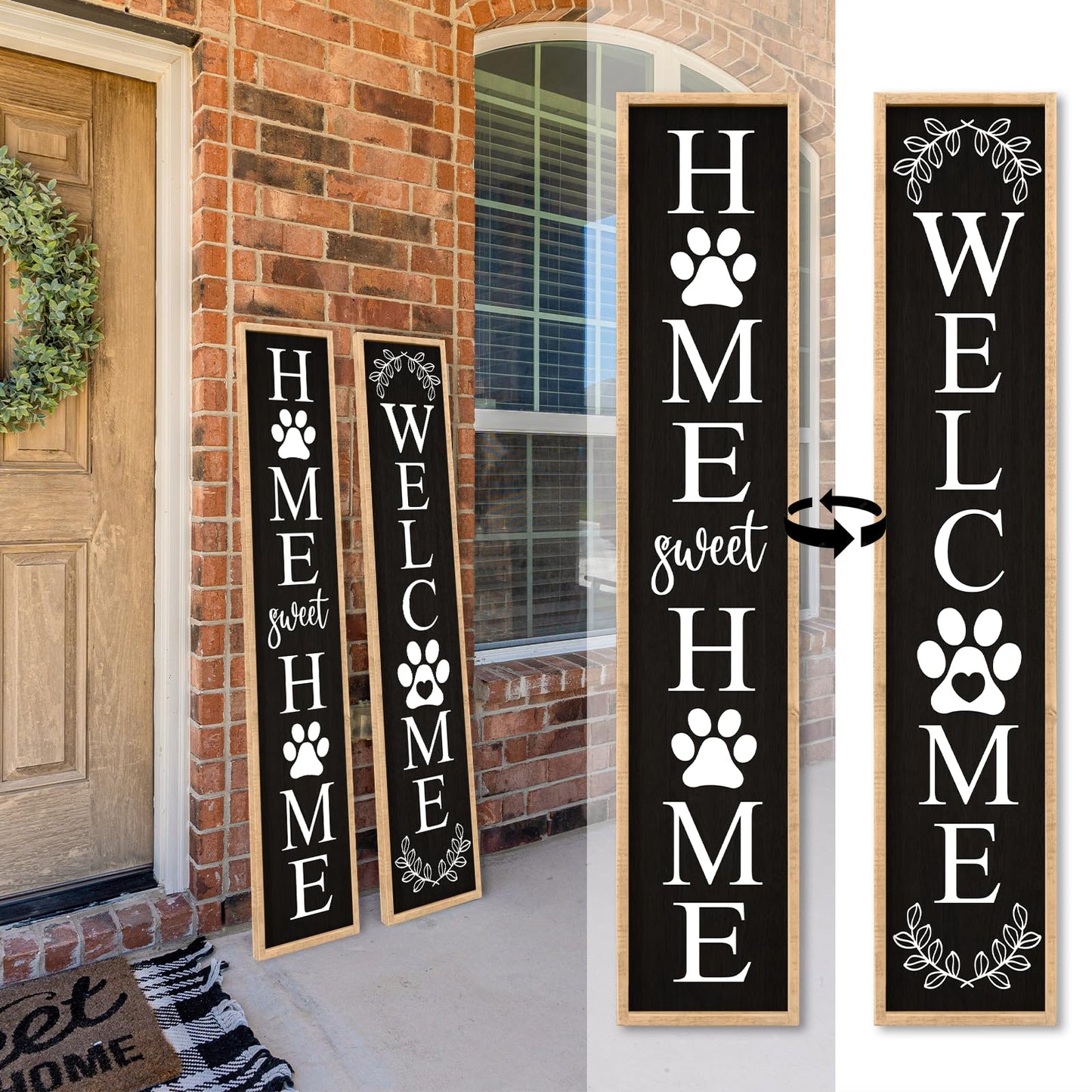 Aurapeak Outdoor Welcome Sign for Front Porch Door Decor, Home Sweet Home Sign Door Outside Standing Large 2 Sided Dog Paw Farmhouse Modern Wooden Frame Vertical Leaner (45"X9" Wood Black)