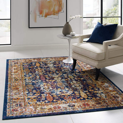 Modway Entourage Jessa Distressed Vintage Floral Lattice Area Rug, 5x8, Blue, Orange, Yellow, Red