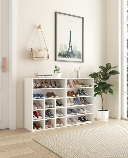 HAIOOU Shoe Cubby, 9-Cube Stackable Wood Shoe Rack Organizer 5-Tier Freestanding Wooden Shoe Stand with 2 Storage Shelf for 10-15 Pairs, Ideal for Apartment, Entryway, Closet Organization - White