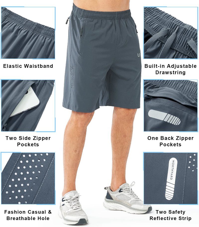 NORTHYARD Men's Athletic Running Shorts Quick Dry Workout Shorts 7"/ 5"/ 9" Lightweight Sports Gym Basketball Tennis Hiking Exercise COOLGREY-9inch 3XL