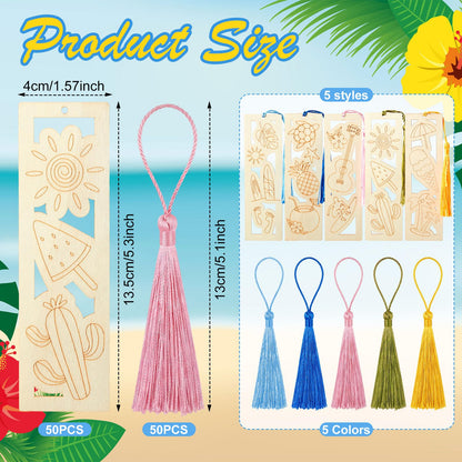 Yexiya 100 Pcs Bulk DIY Wooden Bookmarks Kit - 50 Set Tropical Hawaii Unfinished Wood Crafts with 50 Colorful Tassels for Classroom Rewards, Student Gifts, Summer Camp, Luau Party Favors, Art Projects