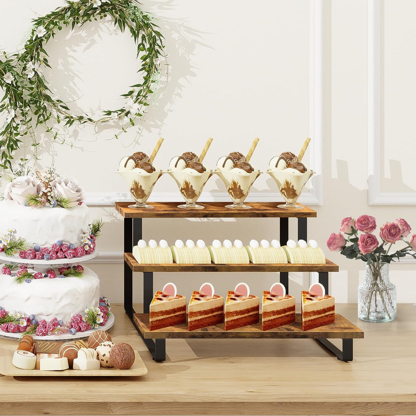 ELITEROO 3 Tier Straight Display Shelf, Portable Wood Retail Cupcake Dessert Stand Display Table, 3 Step Collectible Riser Stand, Tabletop Vendor Display Shelves Rack, Craft Show Countertop Risers
