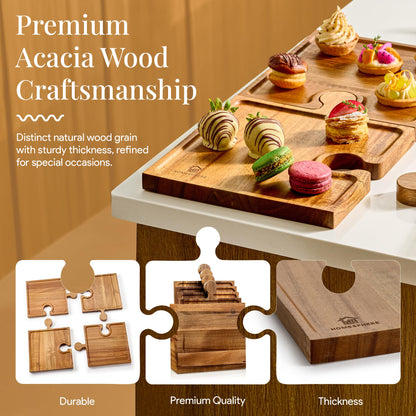 Homesphere Wooden Charcuterie Boards, Appetizer Tray for Parties & Cutting Board with Handle, Set of 4, Acacia Wood Board, Wine Gifts, Wine Accessories, Interlocking Puzzle Serving Tray w/Storage Box