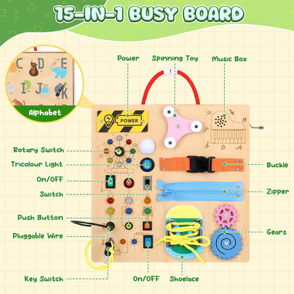 MoKo Montessori Busy Board Toys for 3+ Years Old Wooden Sensory Toys Board with LED Light Up Switch, Locks, Zippers, Music Boxes Learning Educational Fidget Toy for Toddlers Boys & Girls