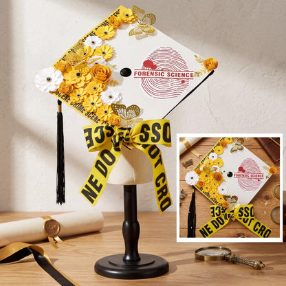 Gersoniel Criminal Justice Graduation Decorations Glitter Grad Cap Topper Graduation DIY Accessory Kit Included Paper Flowers Crime Scene Printed Bow Scale Sticker for Hat(Stylish)
