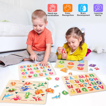 Melofaver Montessori Wooden Peg Puzzles for Toddlers 3 4 5 Year Old, 4 Pcs Kids Educational Toys Preschool Learning Activities-Alphabet, Shape, Number and Dinosaur, Baby Puzzle Gifts for Boys Girls