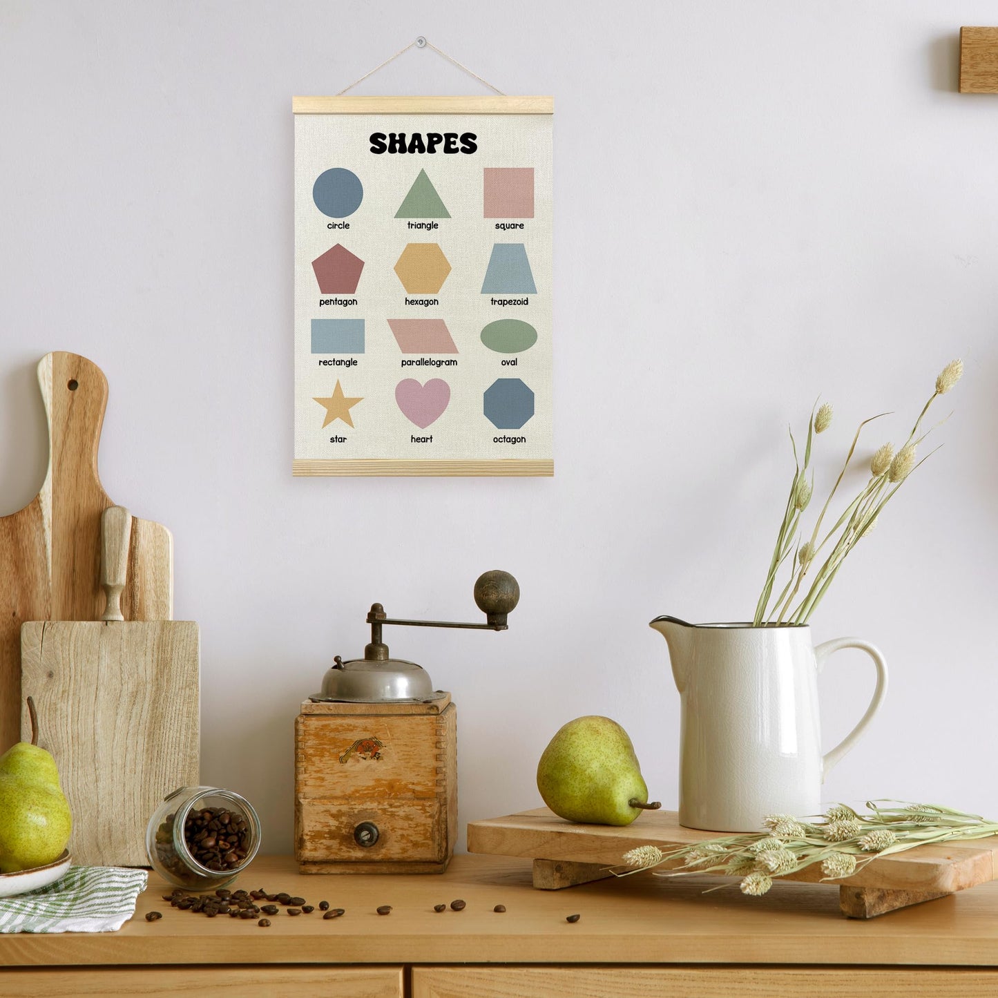 TLESKE Boho Classroom Shapes Chart Poster Hanger Frame, Homeschool Hanging Wall Art Decor for Toddlers Kids Room Nursery Playroom, Preschool Prek Learning Educational Poster Print Banner, 12x16