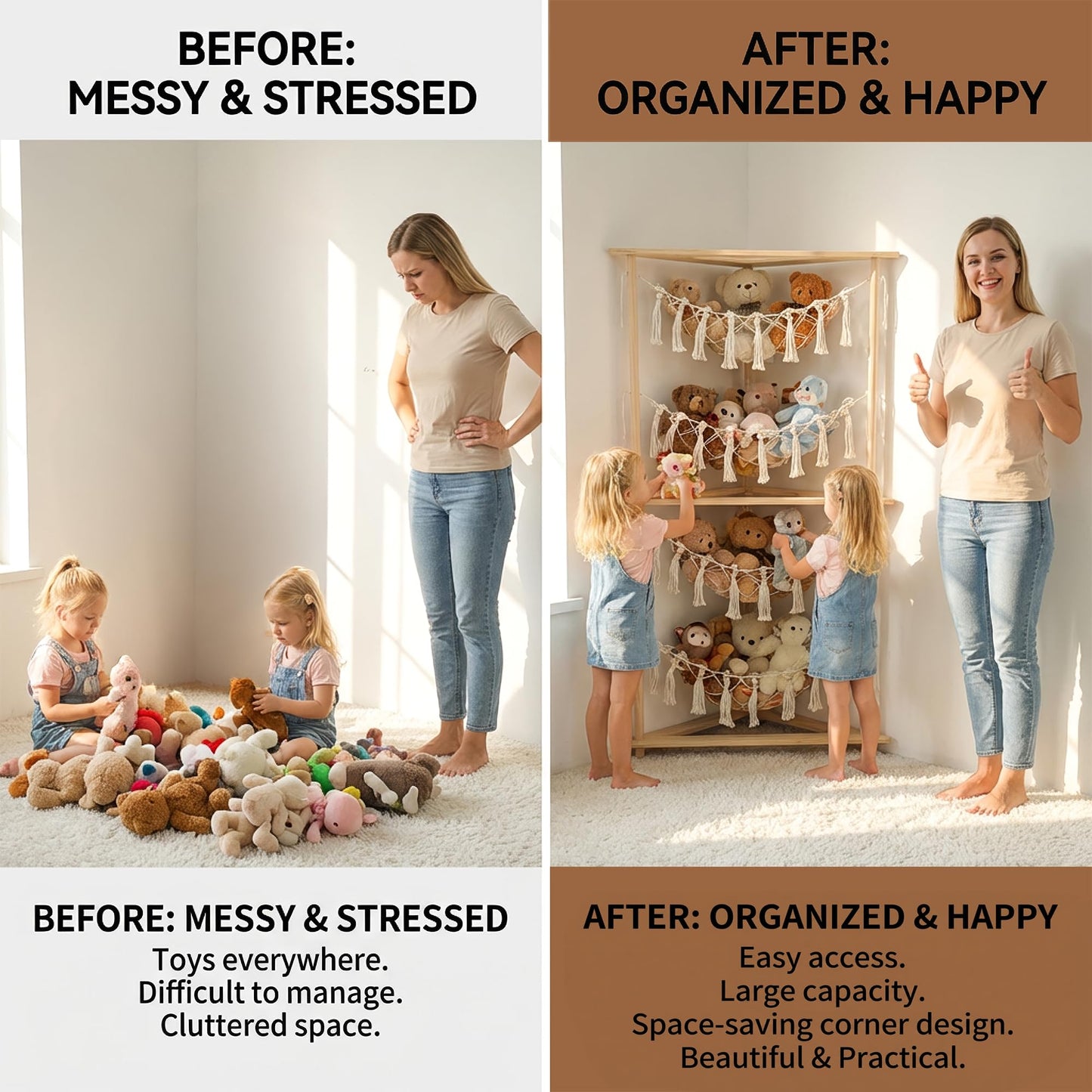 YKBU Wooden Corner Stuffed Animal Storage Organizer, 4-Tier Boho Macrame Toy Hammock Display Shelf, Free-Standing Open-Access Teddy Bear Zoo Holder for Nursery, Playroom & Kids Bedroom
