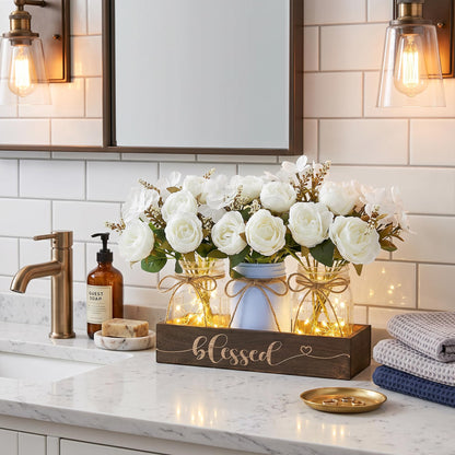 Fancyplus 3 Pcs Mason Jar Centerpiece with Wood Tray & LED Light, Farmhouse Table Decor for Dining Room Kitchen Living Bathroom, Blue
