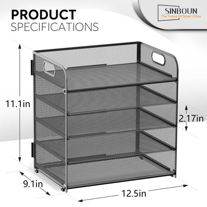 Letter Tray Paper Organizer 5-Tier Desk Organizer File Organizer Paper Holder with Handle, Metal Desktop Document Shelf Tray Office Classroom Organization - Black