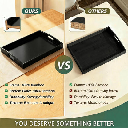 Bamboo Serving Tray with Handles, Set of 2, Wooden Serving Trays for Ottoman, Coffee Tray, Large Serving Tray with Flat Handles, Black Wood Tray for Living Room