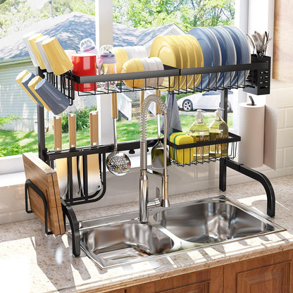 Over The Sink Dish Drying Rack, Adjustable (25.5 to 33.5 inch) 2 Tier Dish Drying Racks for Kitchen Counter with Paper Towel Holder Cup Utensil Holder ChoppingBoard Holder Sink Caddy Hooks, Black