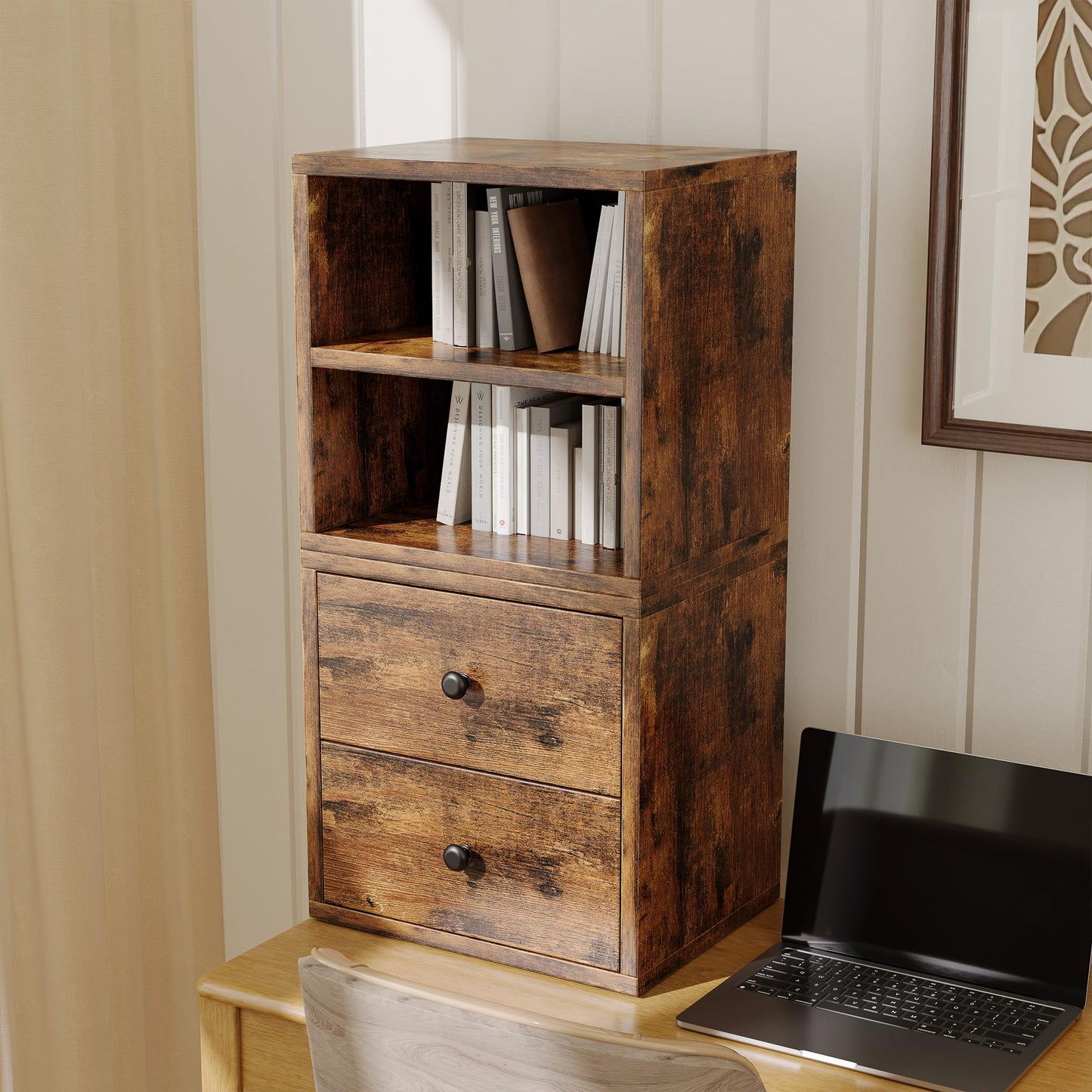 FUSUNBAO Magic DIY Cube Storage Organizer Stackable Cubes for Home Books Clothes Toy-Modular Cubby Storage System-Office Cubical-Bookcase Closet (Antique Brown, General Cube)