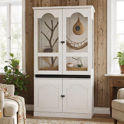 Large Bird Cage with Adjustable Storage Cabinet, White Flight Parakeet Parrot Cage with Pull-Out Tray and 3-Side Iron Mesh Design, DIY-Friendly, Tall Wide Bird Cages for Cockatiels, Finches