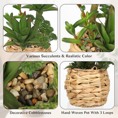 10" Large Succulents Plants Artificial in Wooden Pots, Fake Succulents in Woven Pots, Faux Succulent Artificial Plants Indoor for Home, Bedroom, Living Room, Bathroom Desk Shelf Table Decor