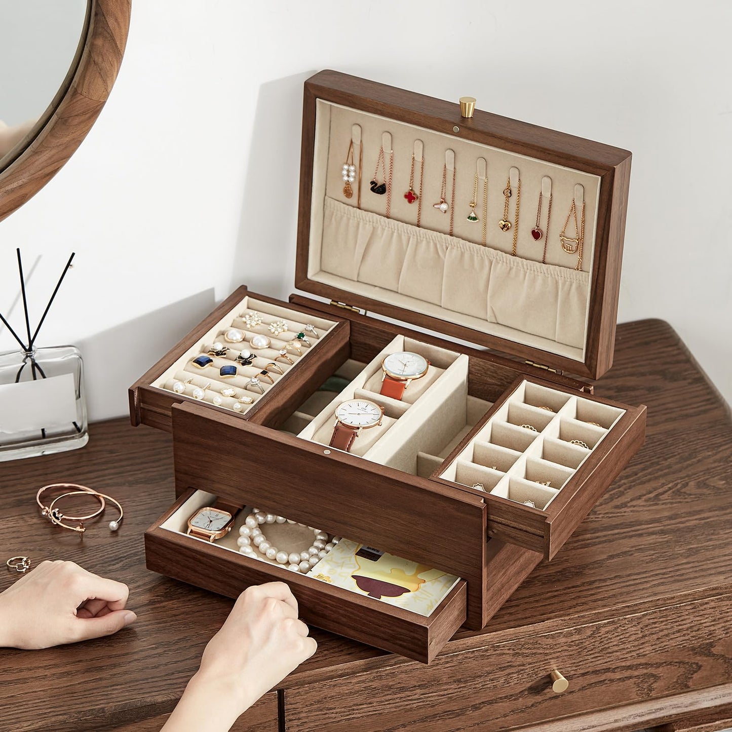 Homruilink Wooden Jewelry Box for Women, 3 Level Multi-functional Drawers Black Walnut Jewelry Organizer Box, Watch, Necklace, Ring, Earring Storage - Fathers Day Gift (No Mirror)