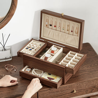 Homruilink Wooden Jewelry Box for Women, 3 Level Multi-functional Drawers Black Walnut Jewelry Organizer Box, Watch, Necklace, Ring, Earring Storage - Fathers Day Gift (No Mirror)