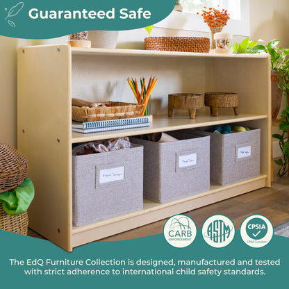 Guidecraft EdQ Two Shelf Open Storage 24'' Natural with 3 Fabric Bins: Wooden Multi-Purpose Bookcases and Toy Storage Organizer; Homeschool and Classroom Furniture
