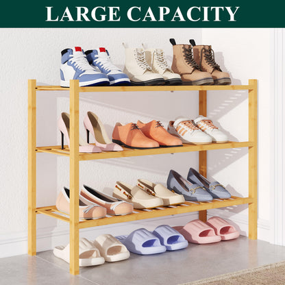 Smiry Bamboo Shoe Rack for Closet, 3 Tier Wooden Shoe Organizer, Stackable Wood Shoe Storage Shelf for Entryway, 14 Vertical Slats, One-piece Heavy-Duty Legs, 26.77"x11.02"x18.31", Natural