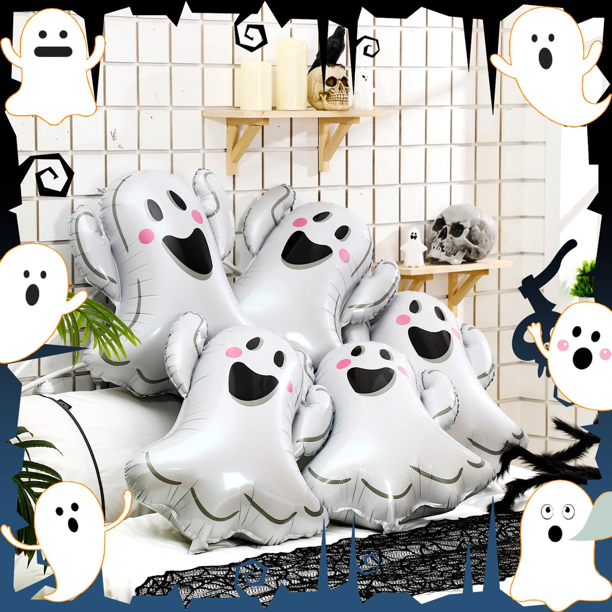 WinnerWhy 12pcs 30 Inch Halloween Ghost Balloons White Ghost Shaped Foil Balloon for Halloween Spooky Themed Birthday Baby Shower Wedding Party Decor Supplies