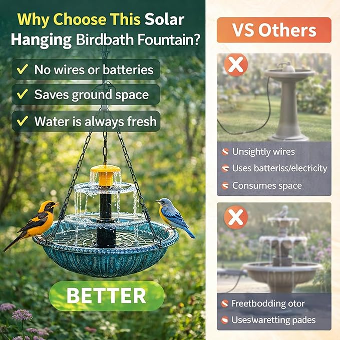 Solar Powered Hanging Bird Bath, Vibrant Blue Multi-Tier Waterfall Fountain for Outside, Easy to Hang Bird Oasis for Garden Decoration, Balcony, for Bird Lovers (Gray)