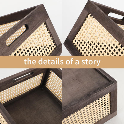 HODAKJUE Desktop Storage Basket, Sundry Office Drawer Storage Box, Wood Frame Storage Basket. (Brown-Large)
