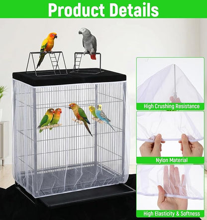 2 Pcs Bird Cage Seed Catcher, Bird Cage Seed Catcher Guard Nylon Net Cover, Adjustable 137.8-196.9 Inches Circumference (Black & White, XL)